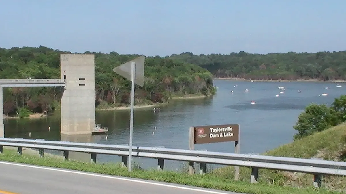 Taylorsville Dam intake tower and the lake behind it, seen from the road across the dam, Spencer County, Kentucky